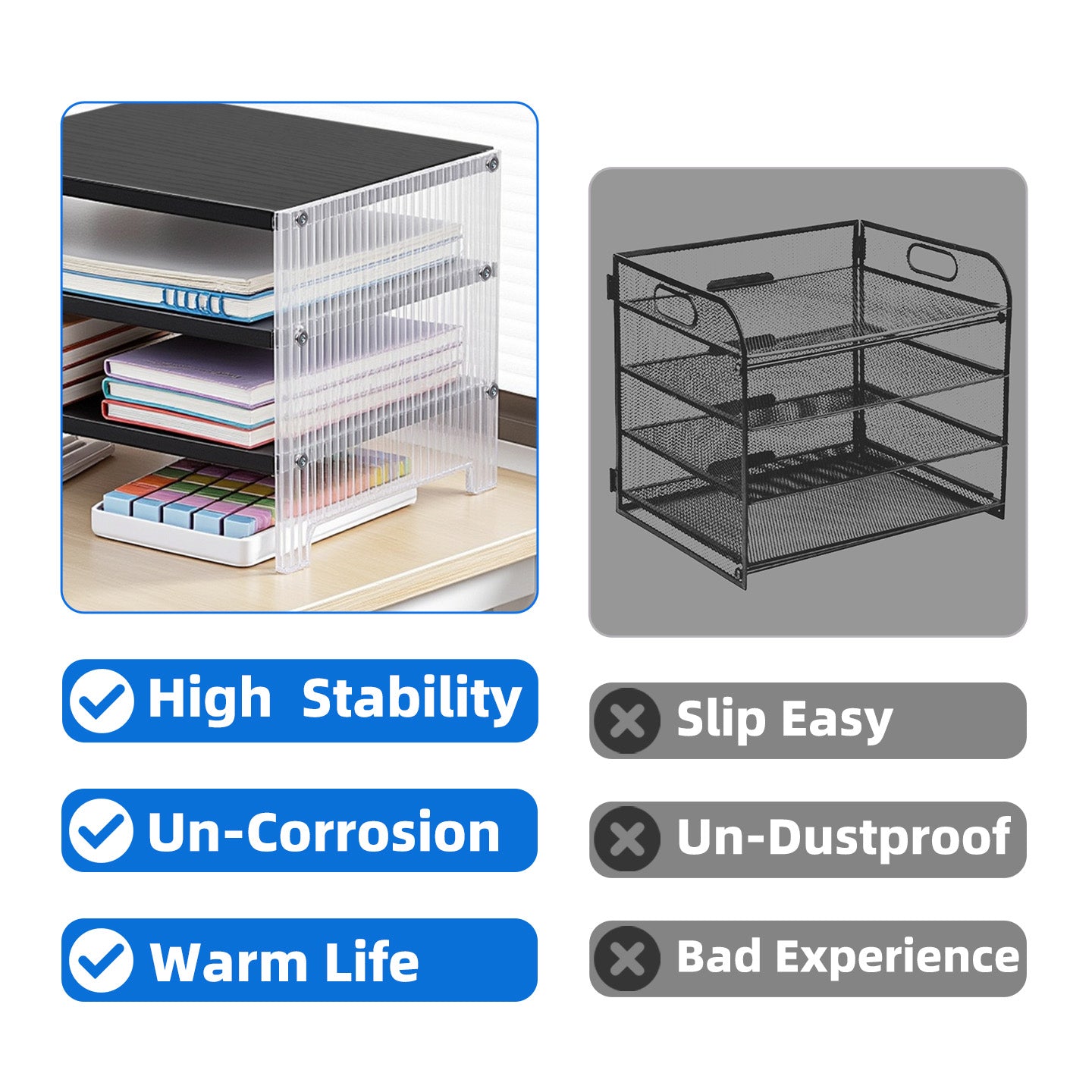 Marsrock Paper Organizer, 3-Tier Stackable Wood Desk Organizer, Document File Organizer and Mail Sorter with Adjustable Storage Shelves, Black
