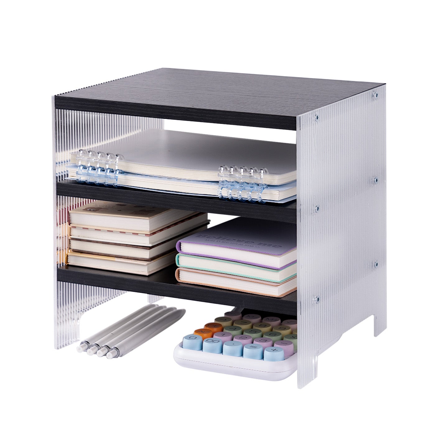 Marsrock Paper Organizer, 3-Tier Stackable Wood Desk Organizer, Document File Organizer and Mail Sorter with Adjustable Storage Shelves, Black