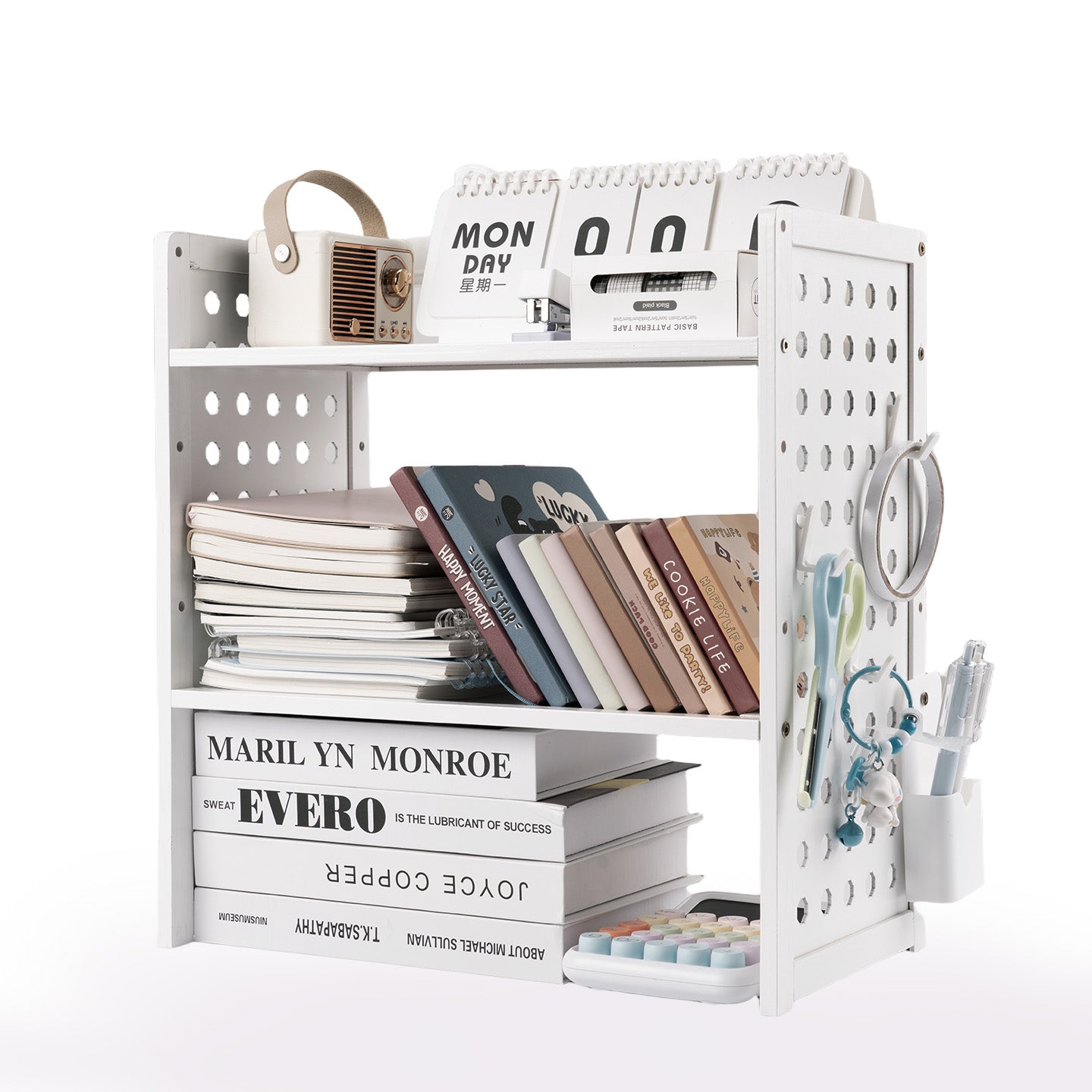 Marsrock (White-2 Tier) Office Desk Shelf Organizer,Medium Density Fiberboard Desktop Bookshelf Supplies Storage Rack,Shelf for Top of Desk and Dresser