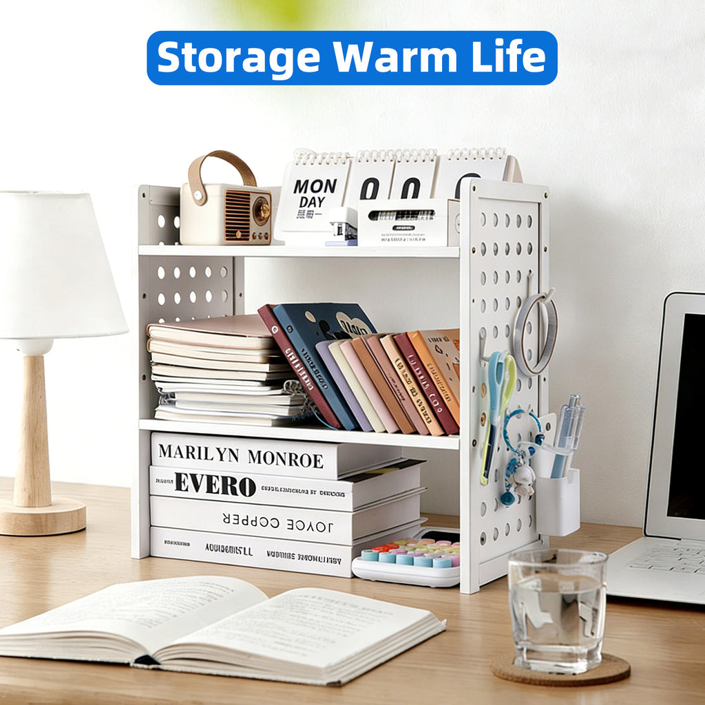 Marsrock (White-2 Tier) Office Desk Shelf Organizer,Medium Density Fiberboard Desktop Bookshelf Supplies Storage Rack,Shelf for Top of Desk and Dresser