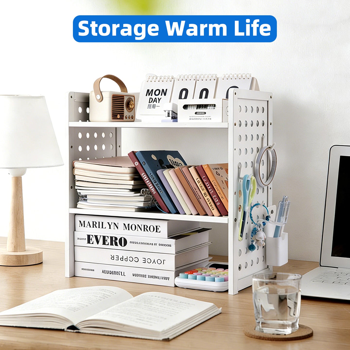 Marsrock (White-2 Tier) Office Desk Shelf Organizer,Medium Density Fiberboard Desktop Bookshelf Supplies Storage Rack,Shelf for Top of Desk and Dresser