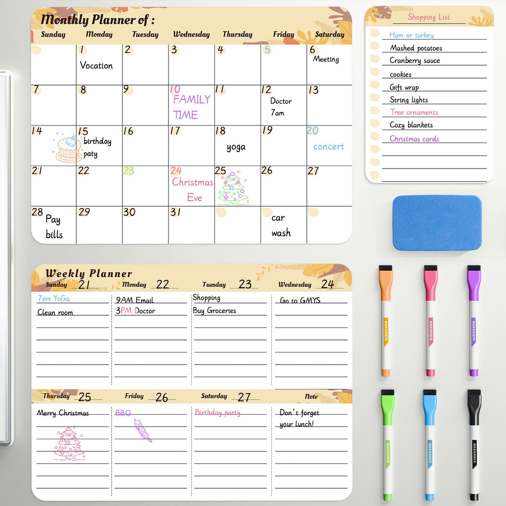 Marsrock New (3-Pack）14" x 11"Yellow Magnetic Refrigerator Whiteboard Calendar,Fridge Dry Erase Weekly And Monthly Planner Board