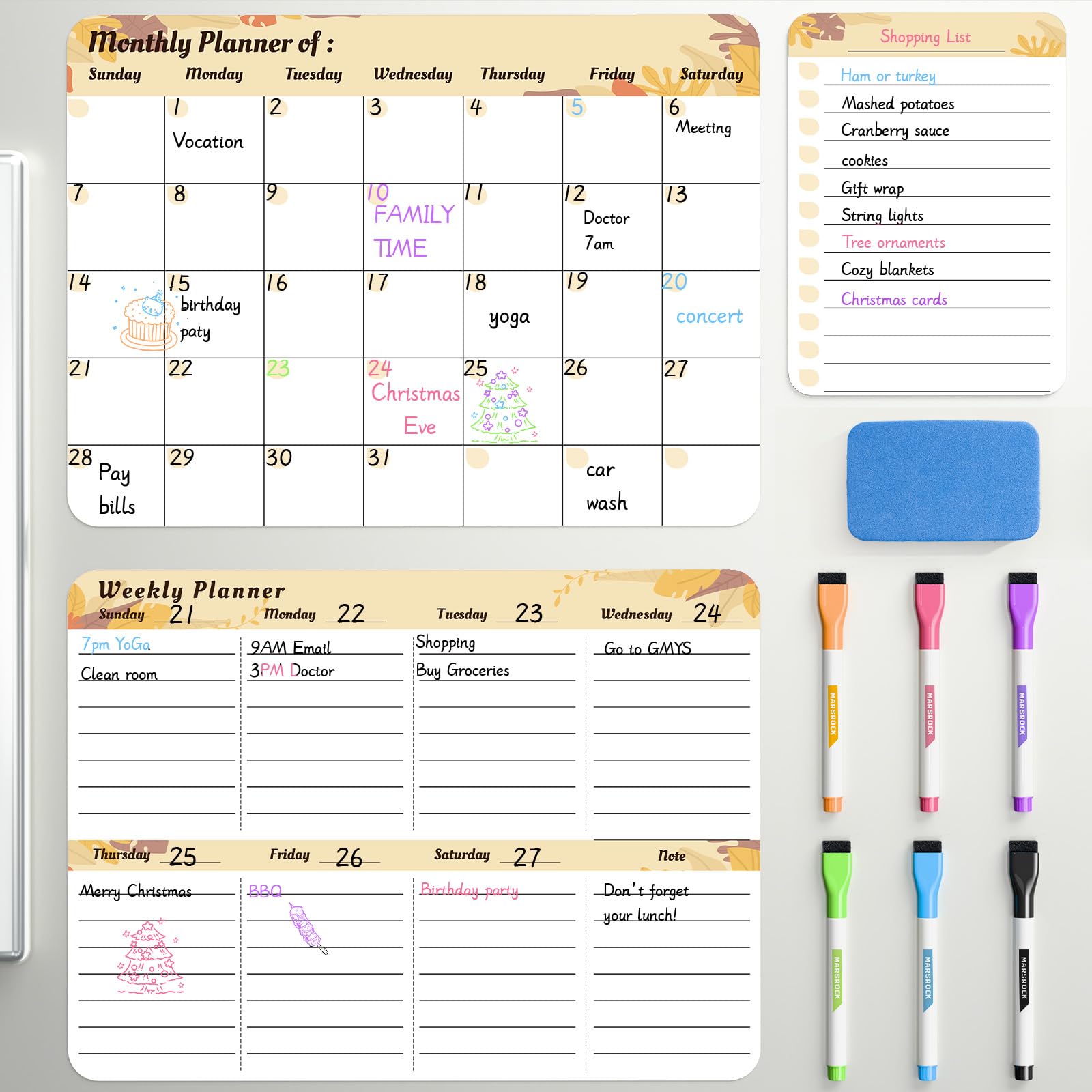 Marsrock New (3-Pack）14" x 11"Yellow Magnetic Refrigerator Whiteboard Calendar,Fridge Dry Erase Weekly And Monthly Planner Board