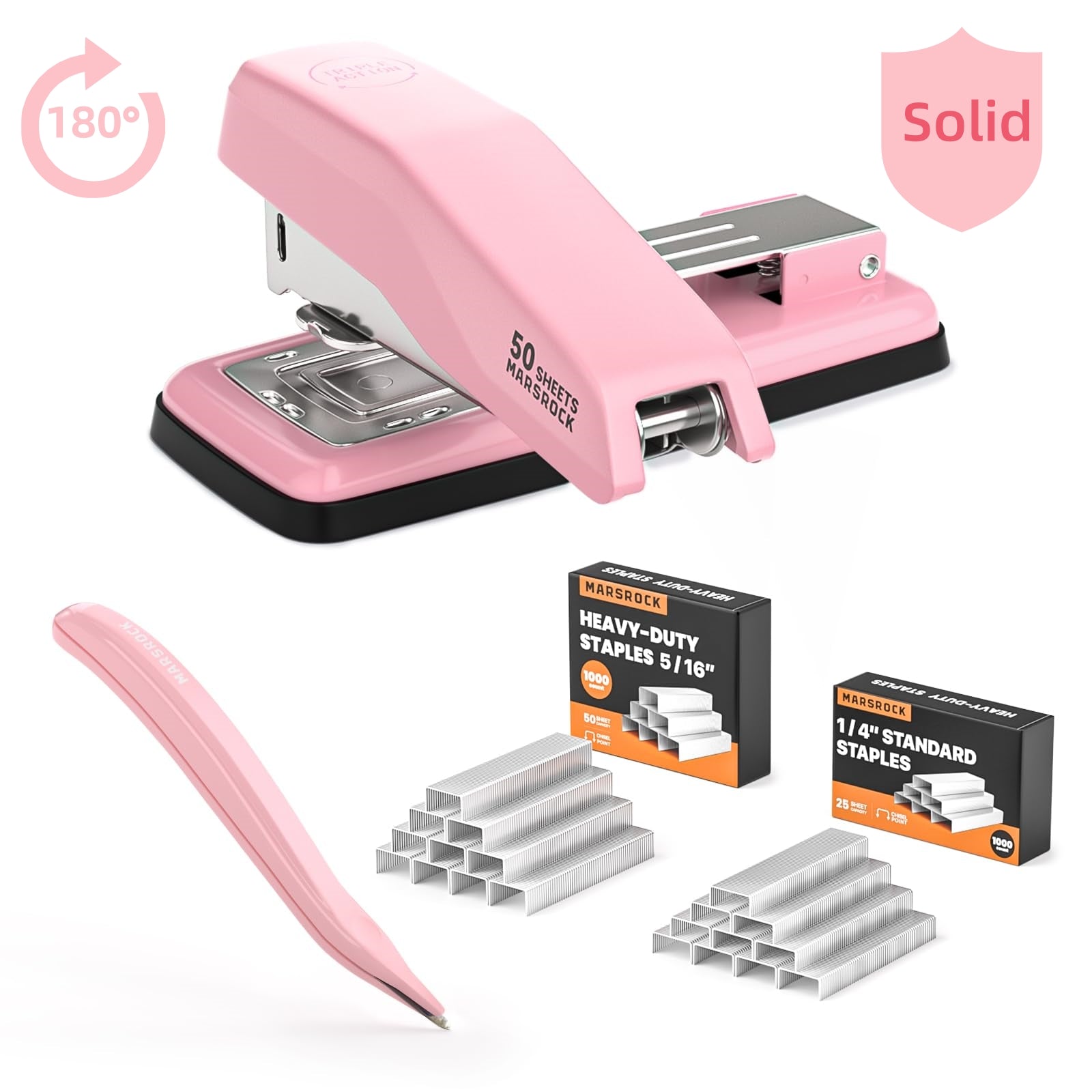 Marsrock Pink Desktop Heavy-Duty Staplers,50 Sheet Capacity,2000 Staples,Swing-Arm Swivel Remover Rotatable Stapler for Office,Home,Classroom