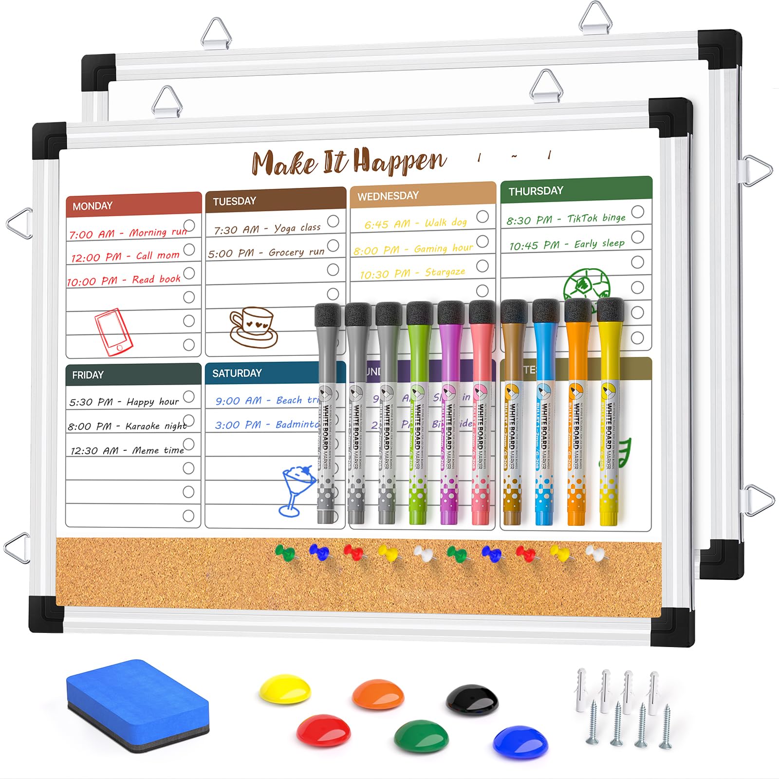Marsrock Multicolor Double Sided Weekly Calendar Whiteboard,Comb Cork Board for Wall,17"x13" Hanging Magnetic Dry Erase Board for Planing