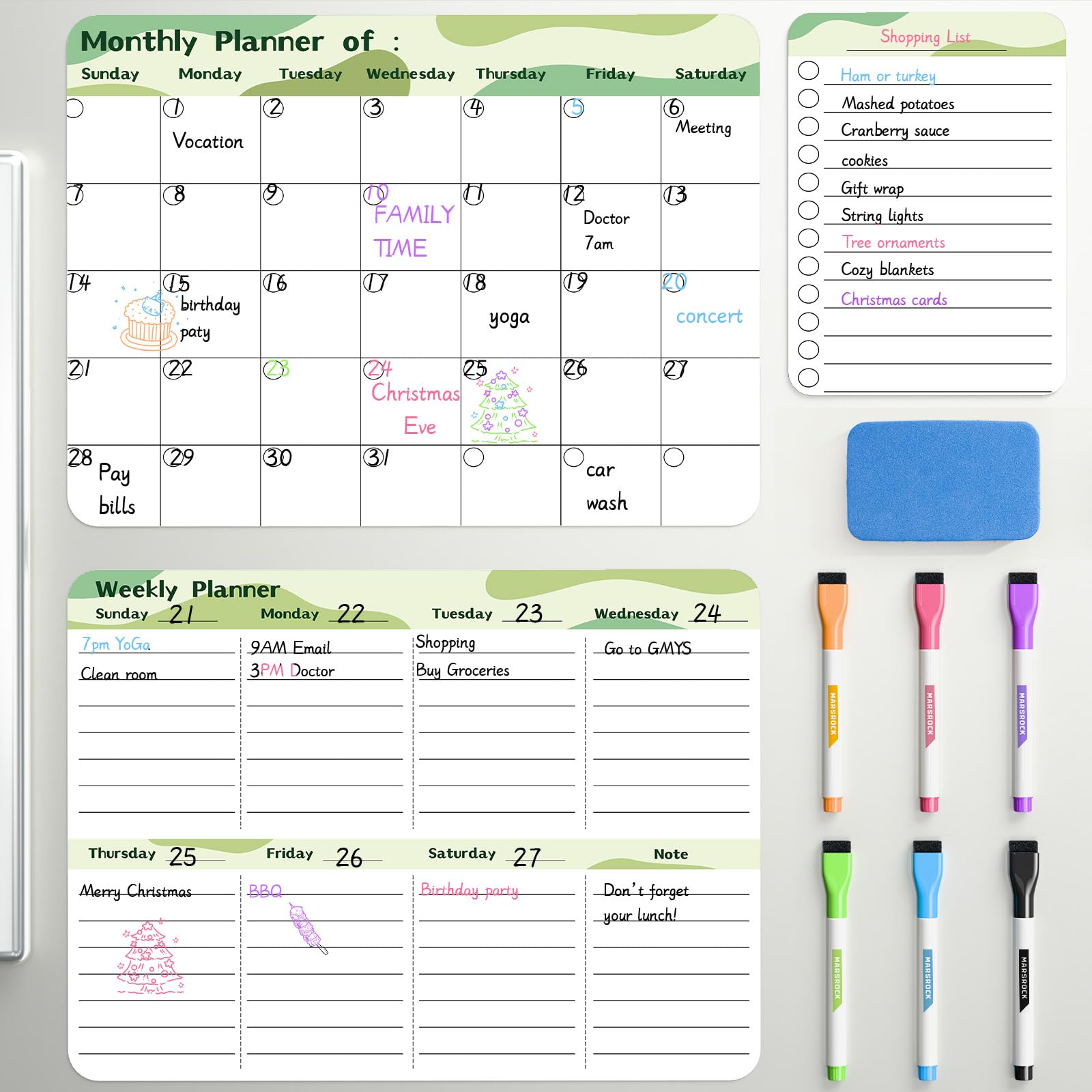 Marsrock New (3-Pack）14" x 11"Green Magnetic Refrigerator Whiteboard Calendar,Fridge Dry Erase Weekly And Monthly Planner Board