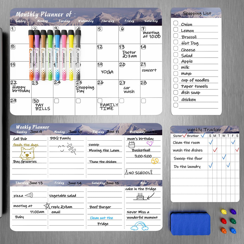 Marsrock 17" x 11"Grey Magnetic Refrigerator Whiteboard Calendar,Dry Erase Weekly or Monthly Planner Board&8 Markers,6 Magnets,1 Eraser