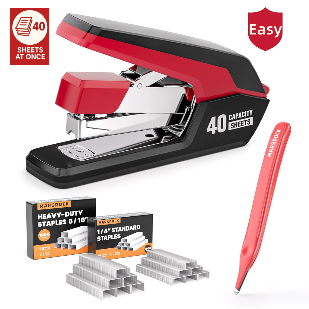Effortless Heavy Duty Desktop Stapler, 40 Sheet Capacity, 1-Finger Press Stapling, Ergonomic & Easy to Load, Includes 2000 Staples and Magnetic Staple Remover, Red