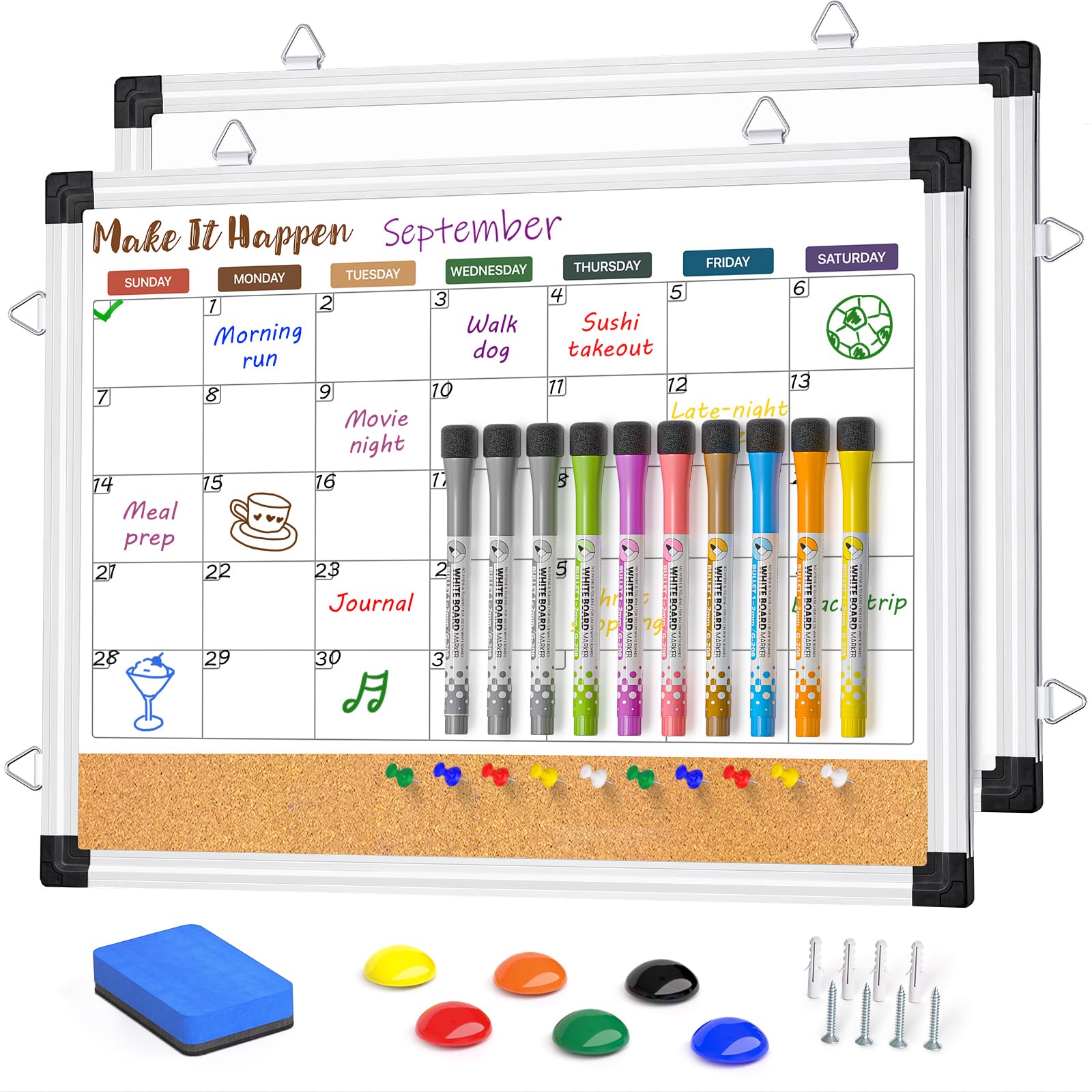 Marsrock Multicolor Double Sided Monthly Calendar Whiteboard,Comb Cork Board for Wall,17"x13" Hanging Magnetic Dry Erase Board for Planing
