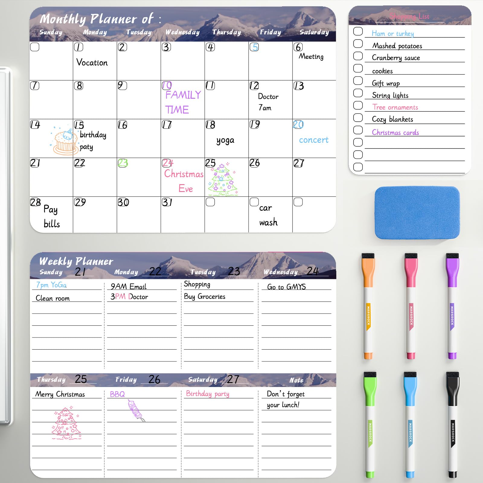 Marsrock New (3-Pack）14" x 11"Grey Magnetic Refrigerator Whiteboard Calendar,Fridge Dry Erase Weekly And Monthly Planner Board
