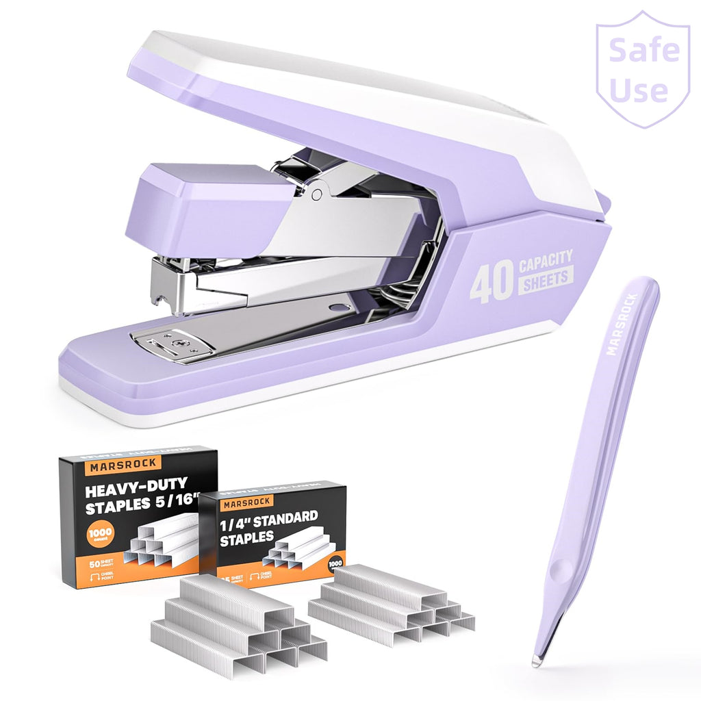 Marsrock Effortless Stapler for Desk,40-50 Sheet Capacity, 2000 Staples, 1-Touch Stapling,Heavy Duty and Magnetic Staple Remover, Purpler