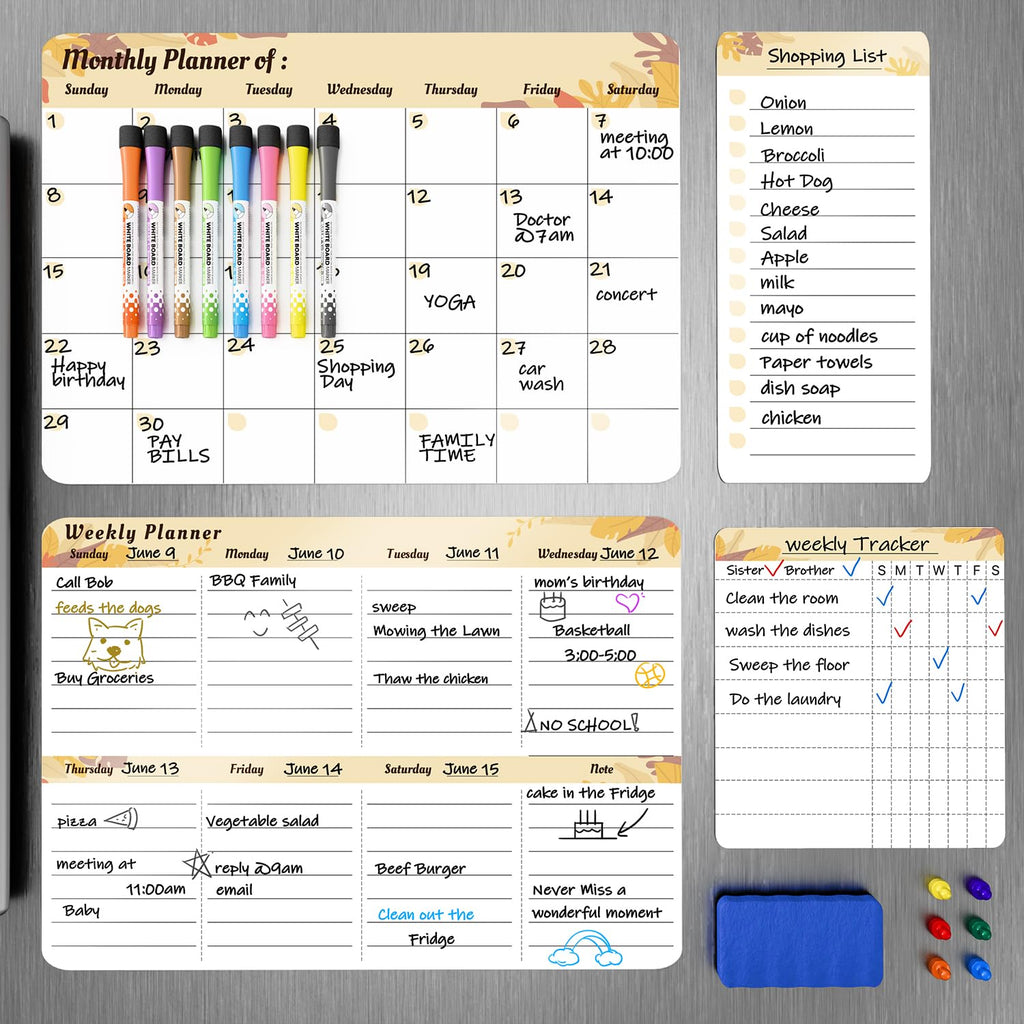 Marsrock 17" x 11"Yellow Magnetic Refrigerator Whiteboard Calendar,Dry Erase Weekly or Monthly Planner Board&8 Markers,6 Magnets,1 Eraser