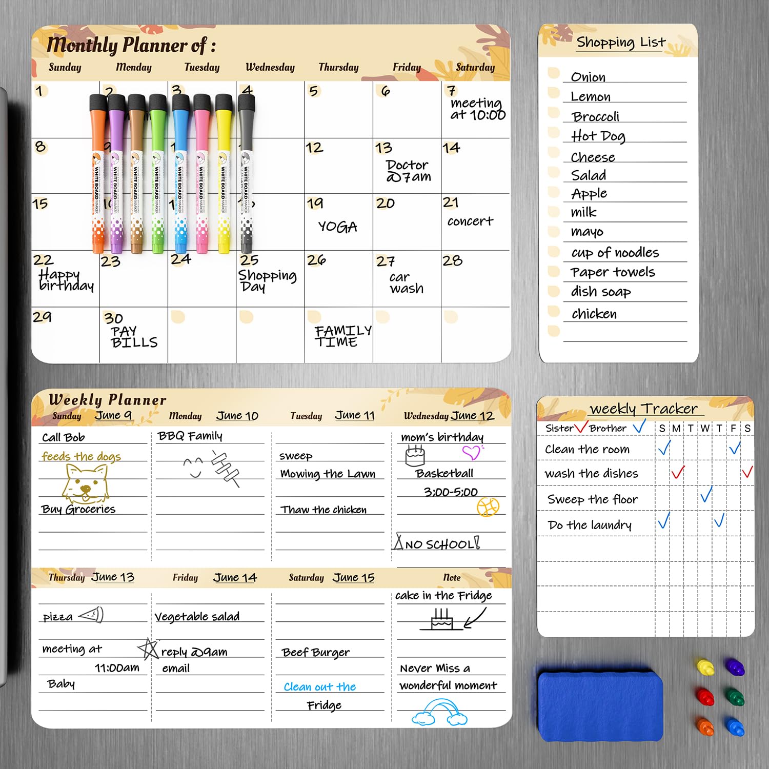 Marsrock 17" x 11"Yellow Magnetic Refrigerator Whiteboard Calendar,Dry Erase Weekly or Monthly Planner Board&8 Markers,6 Magnets,1 Eraser