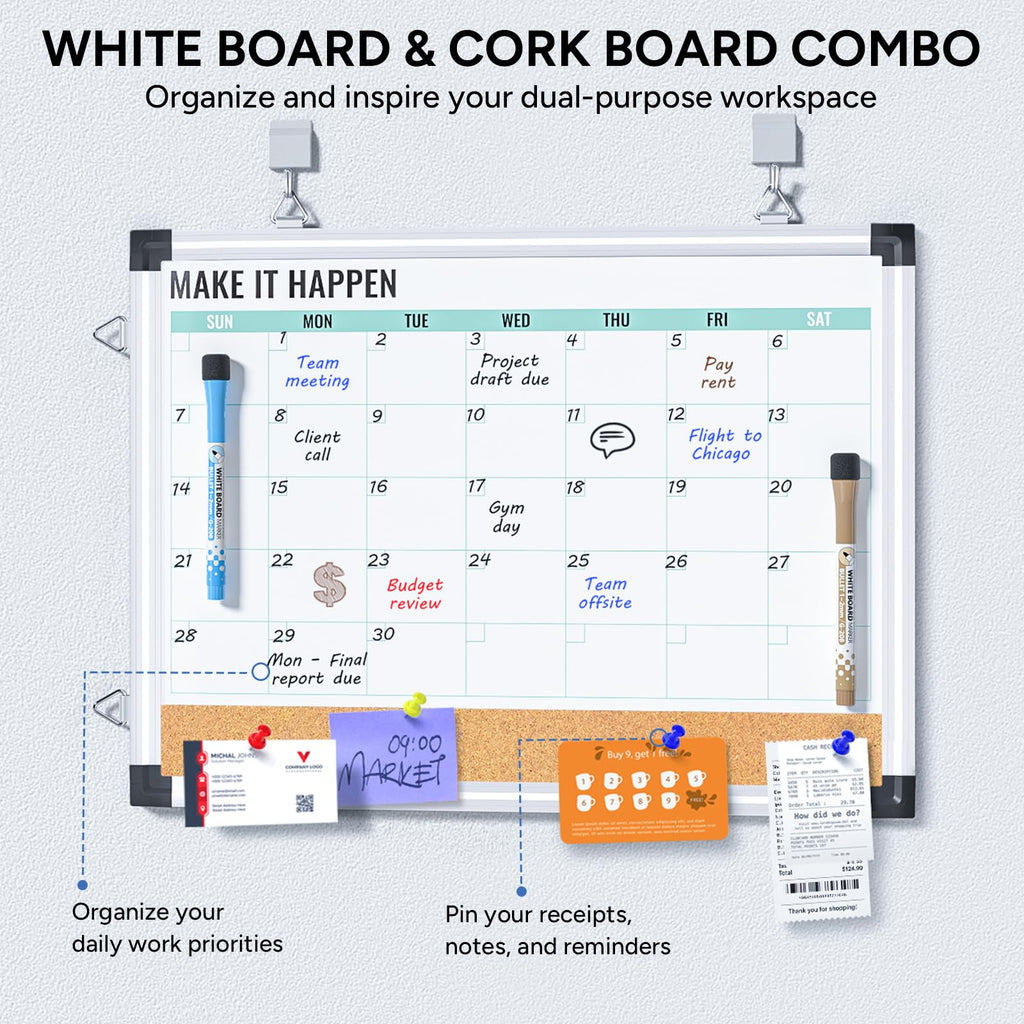 Marsrock 17"x13" Green Monthly Calendar Whiteboard with Aluminum Frame,Cork Board Combo for Wall,Reversible Hanging Dry Erase Board Clearance