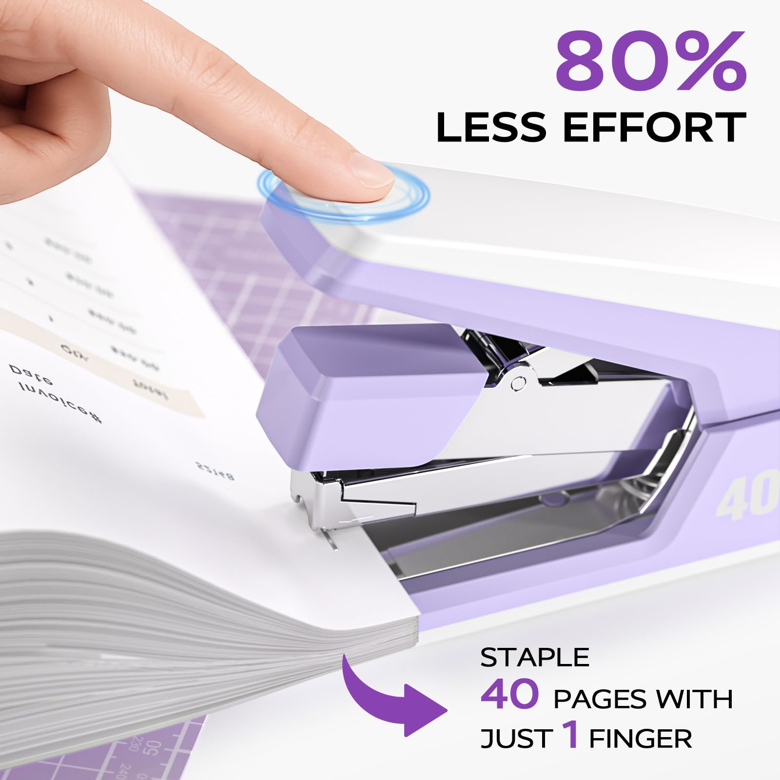 Marsrock Effortless Stapler for Desk,40-50 Sheet Capacity, 2000 Staples, 1-Touch Stapling,Heavy Duty and Magnetic Staple Remover, Purpler