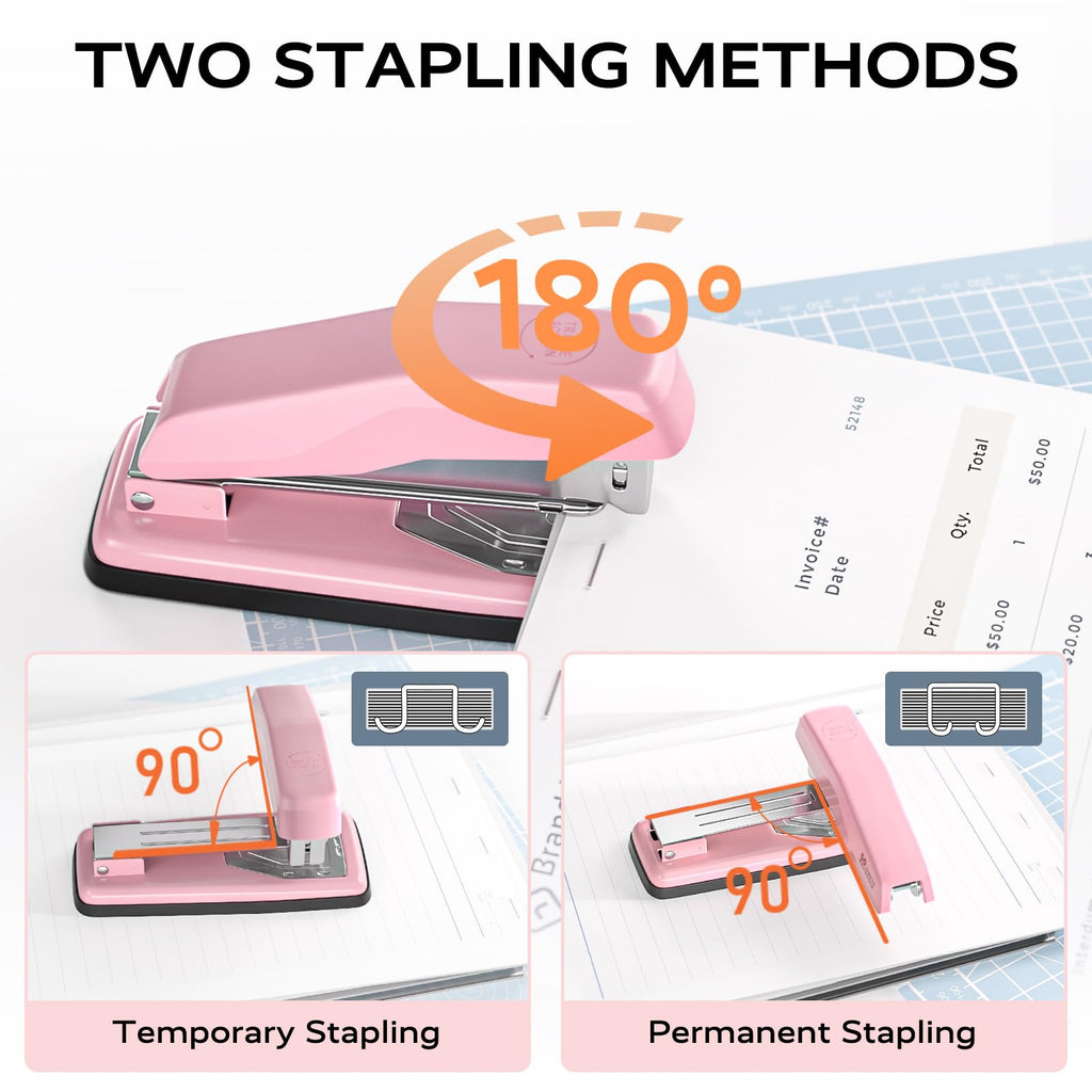 Marsrock Pink Desktop Heavy-Duty Staplers,50 Sheet Capacity,2000 Staples,Swing-Arm Swivel Remover Rotatable Stapler for Office,Home,Classroom