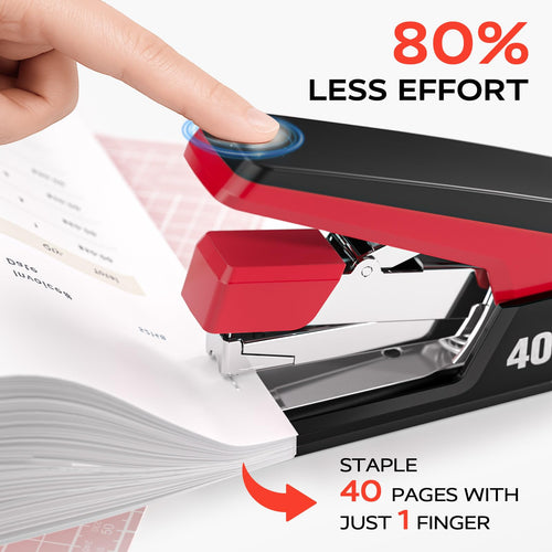 Effortless Heavy Duty Desktop Stapler, 40 Sheet Capacity, 1-Finger Press Stapling, Ergonomic & Easy to Load, Includes 2000 Staples and Magnetic Staple Remover, Red