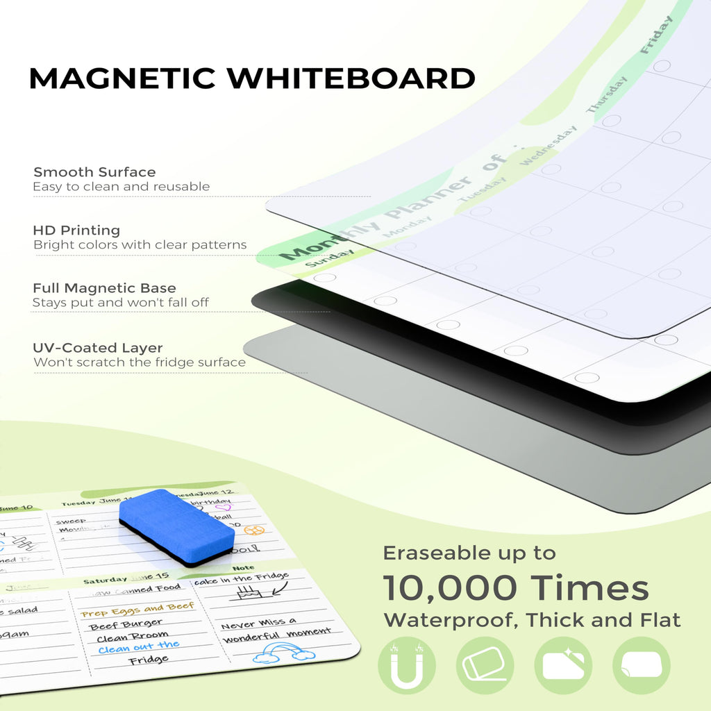 Marsrock 17" x 11"Green Magnetic Refrigerator Whiteboard Calendar,Dry Erase Weekly or Monthly Planner Board&8 Markers,6 Magnets,1 Eraser