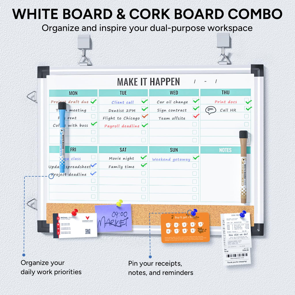 Marsrock 17"x13" Green Weekly Calendar Whiteboard with Aluminum Frame,Cork Board Combo for Wall,Reversible Hanging Dry Erase Board Sale