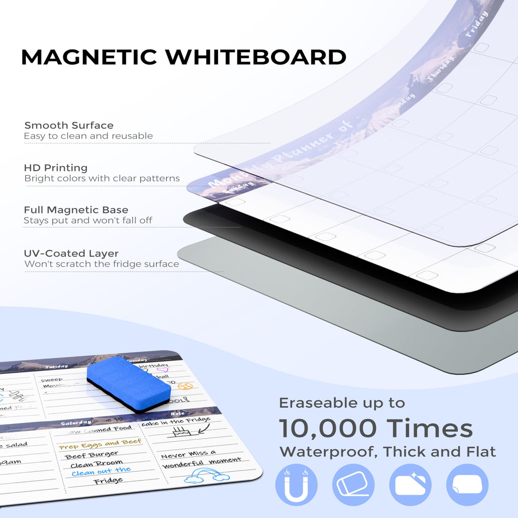 Marsrock 17" x 11"Grey Magnetic Refrigerator Whiteboard Calendar,Dry Erase Weekly or Monthly Planner Board&8 Markers,6 Magnets,1 Eraser