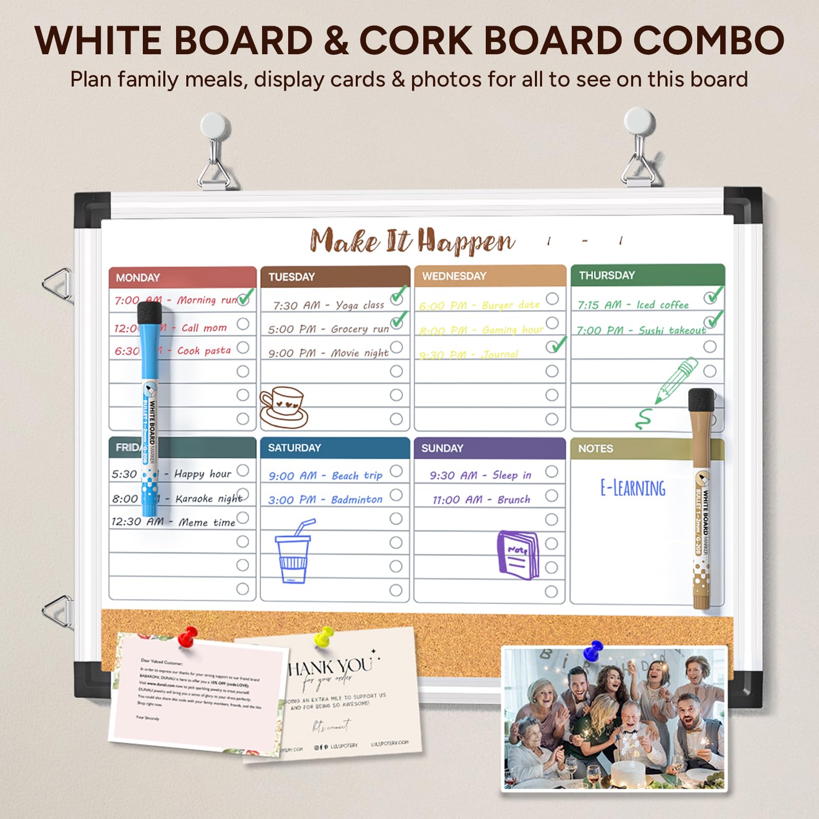 Marsrock Multicolor Double Sided Weekly Calendar Whiteboard,Comb Cork Board for Wall,17"x13" Hanging Magnetic Dry Erase Board for Planing