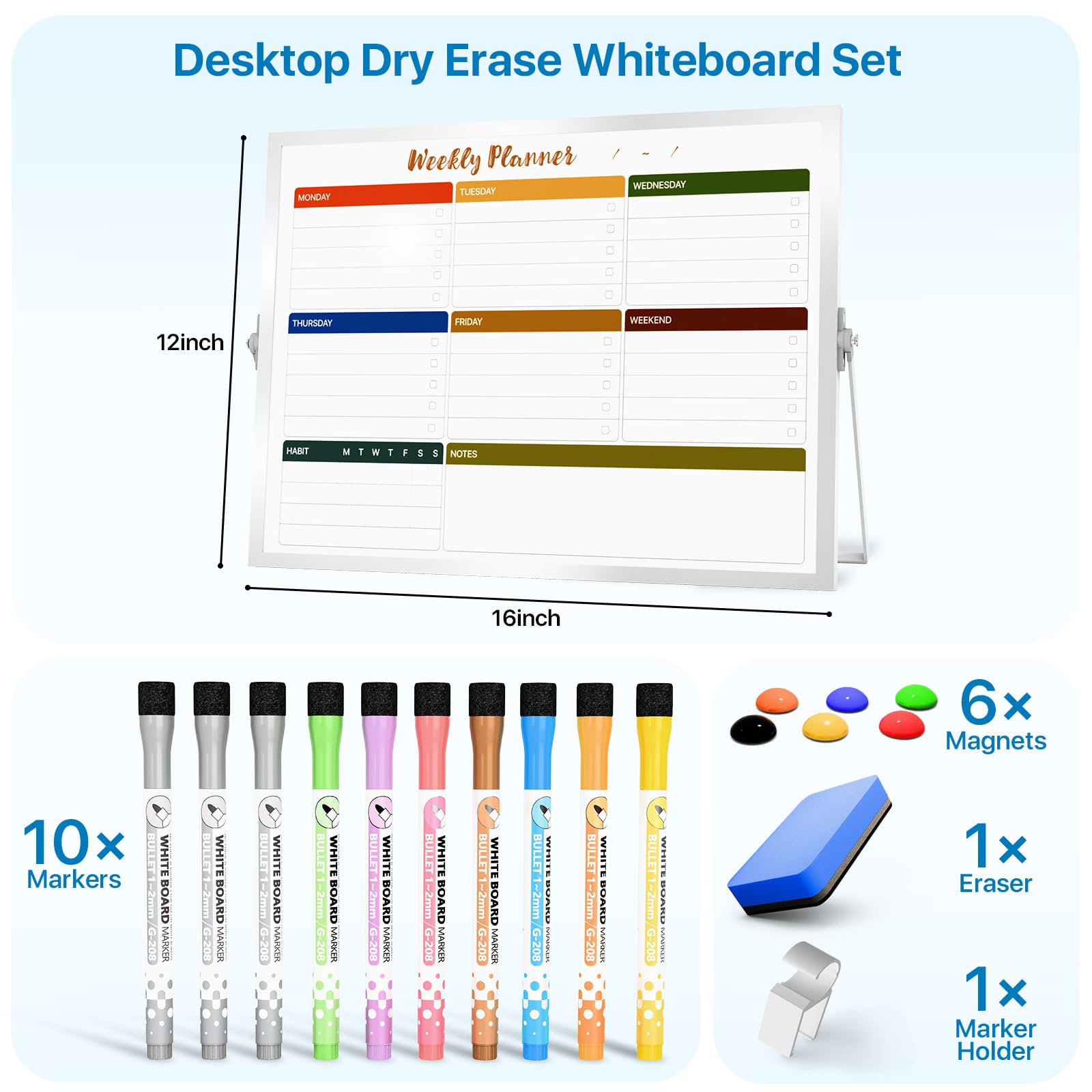 Marsrock Sale 17"×13"Colorful Desktop Double-Sided Dry Erase Whiteboard with Stand,10Markers,6Magnets,1Eraser,Great for Home,School&Office Planning