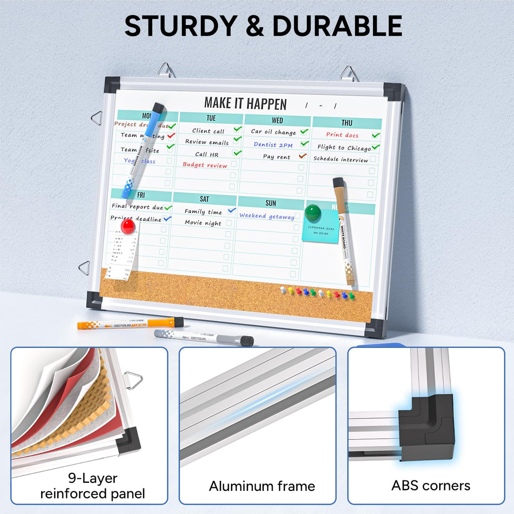 Marsrock 17"x13" Green Weekly Calendar Whiteboard with Aluminum Frame,Cork Board Combo for Wall,Reversible Hanging Dry Erase Board Sale
