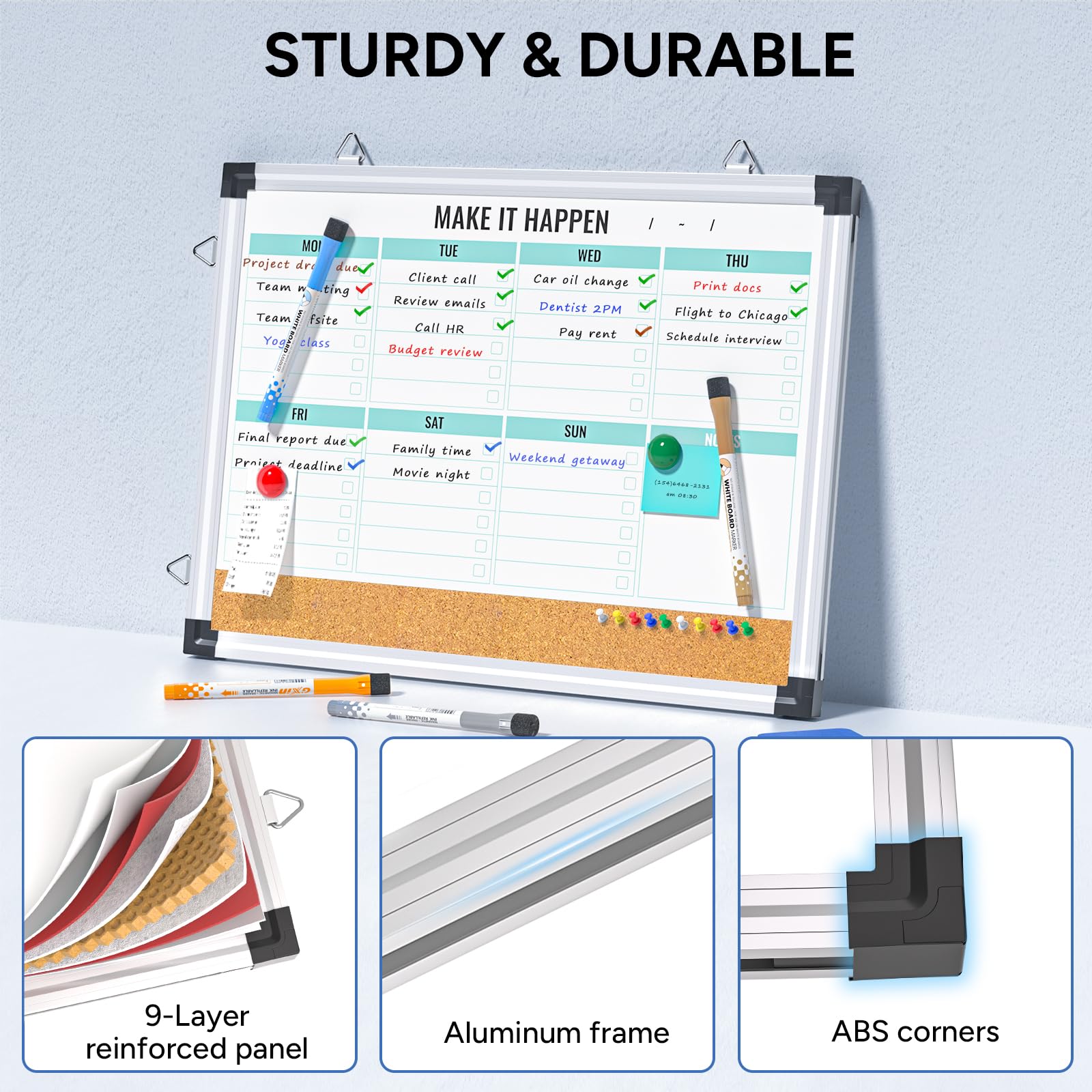 Marsrock 17"x13" Green Weekly Calendar Whiteboard with Aluminum Frame,Cork Board Combo for Wall,Reversible Hanging Dry Erase Board Sale