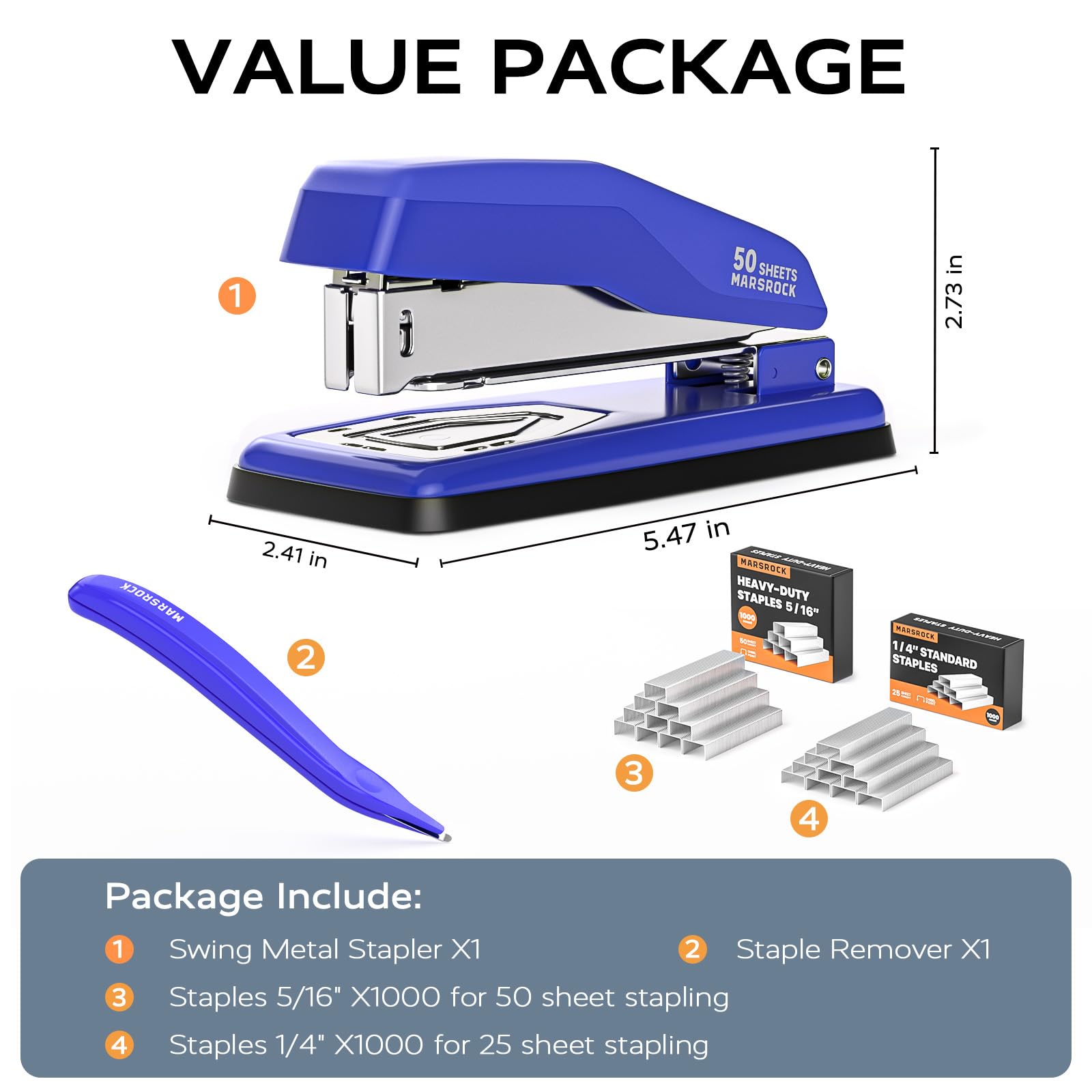 Marsrock Blue Desktop Heavy-Duty Staplers,50 Sheet Capacity,2000 Staples,Swing-Arm Swivel Remover Rotatable Stapler for Office,Home,Classroom
