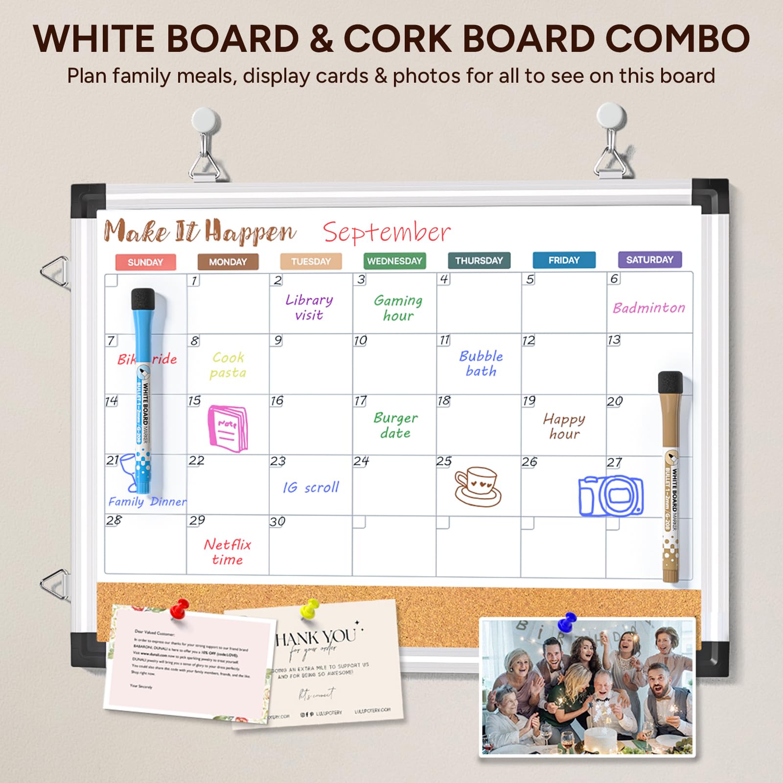 Marsrock Multicolor Double Sided Monthly Calendar Whiteboard,Comb Cork Board for Wall,17"x13" Hanging Magnetic Dry Erase Board for Planing