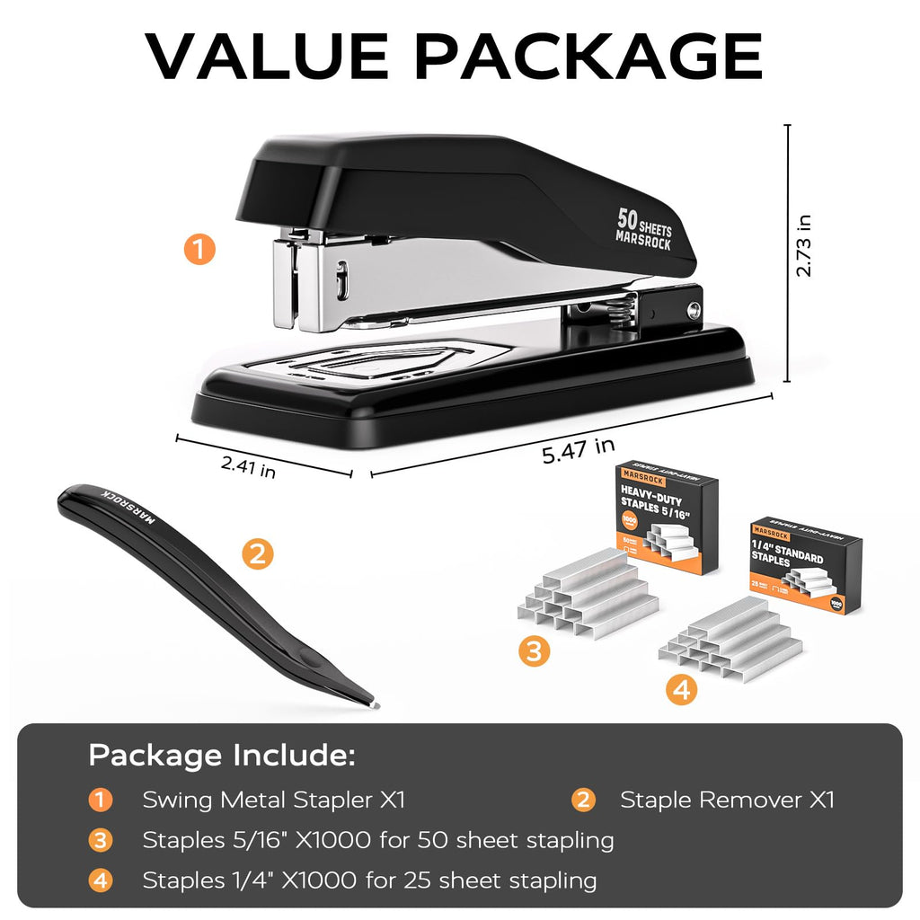 Effortless Stapler for Desk with 40-50 Sheet Capacity, 2000 Staples, 1-Touch Stapling, Ergonomic & Easy to Load Desktop Staplers, Heavy Duty Stapler, and Magnetic Staple Remover, Black