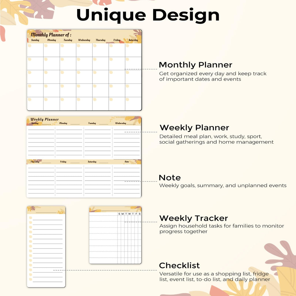 Marsrock 17" x 11"Yellow Magnetic Refrigerator Whiteboard Calendar,Dry Erase Weekly or Monthly Planner Board&8 Markers,6 Magnets,1 Eraser