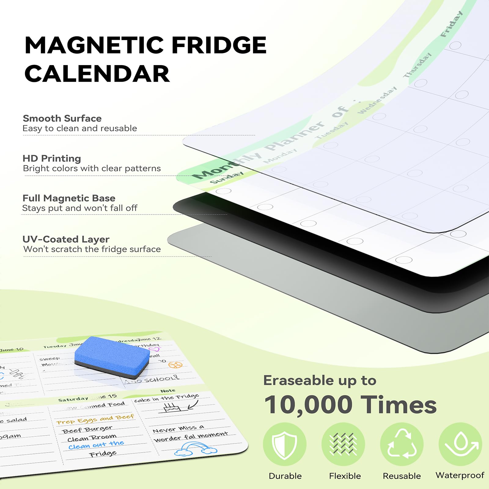 Marsrock New (3-Pack）14" x 11"Green Magnetic Refrigerator Whiteboard Calendar,Fridge Dry Erase Weekly And Monthly Planner Board