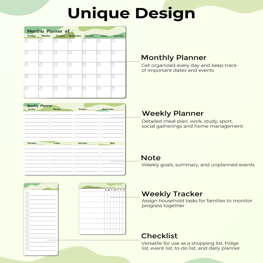 Marsrock 17" x 11"Green Magnetic Refrigerator Whiteboard Calendar,Dry Erase Weekly or Monthly Planner Board&8 Markers,6 Magnets,1 Eraser
