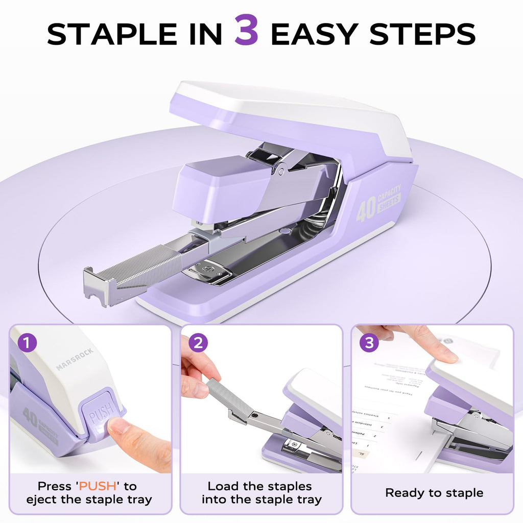 Marsrock Effortless Stapler for Desk,40-50 Sheet Capacity, 2000 Staples, 1-Touch Stapling,Heavy Duty and Magnetic Staple Remover, Purpler