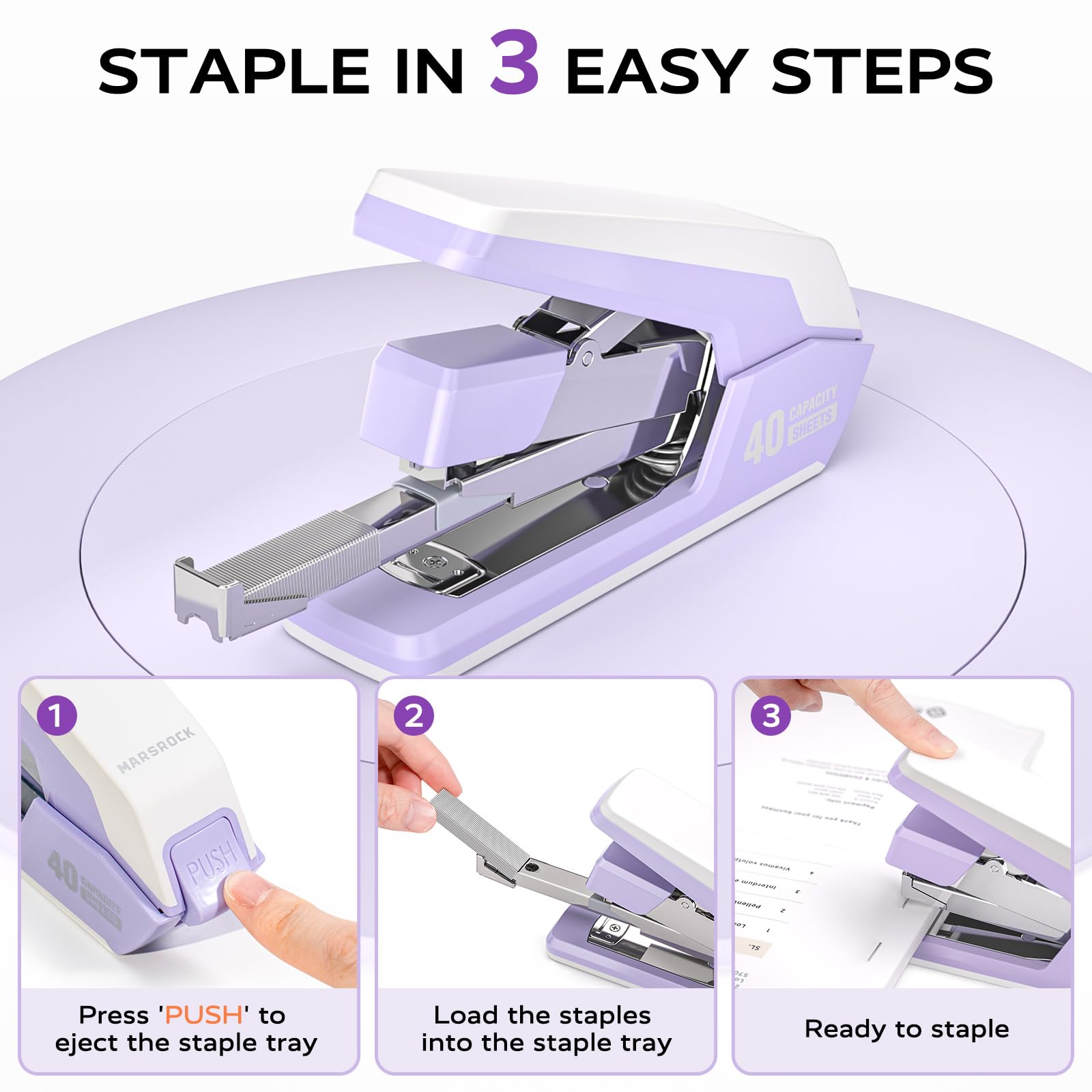 Marsrock Effortless Stapler for Desk,40-50 Sheet Capacity, 2000 Staples, 1-Touch Stapling,Heavy Duty and Magnetic Staple Remover, Purpler