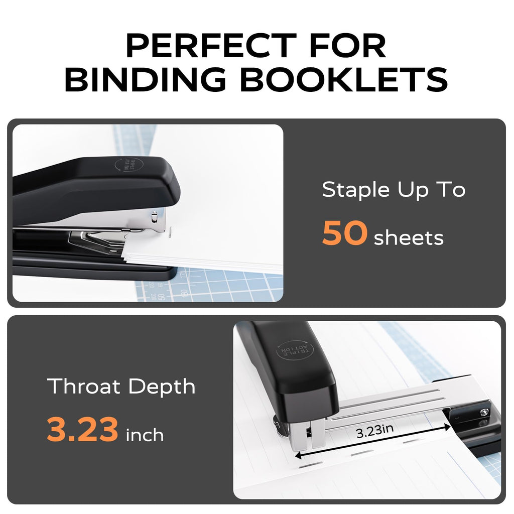 Effortless Stapler for Desk with 40-50 Sheet Capacity, 2000 Staples, 1-Touch Stapling, Ergonomic & Easy to Load Desktop Staplers, Heavy Duty Stapler, and Magnetic Staple Remover, Black