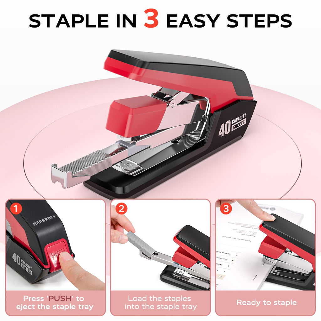 Effortless Heavy Duty Desktop Stapler, 40 Sheet Capacity, 1-Finger Press Stapling, Ergonomic & Easy to Load, Includes 2000 Staples and Magnetic Staple Remover, Red