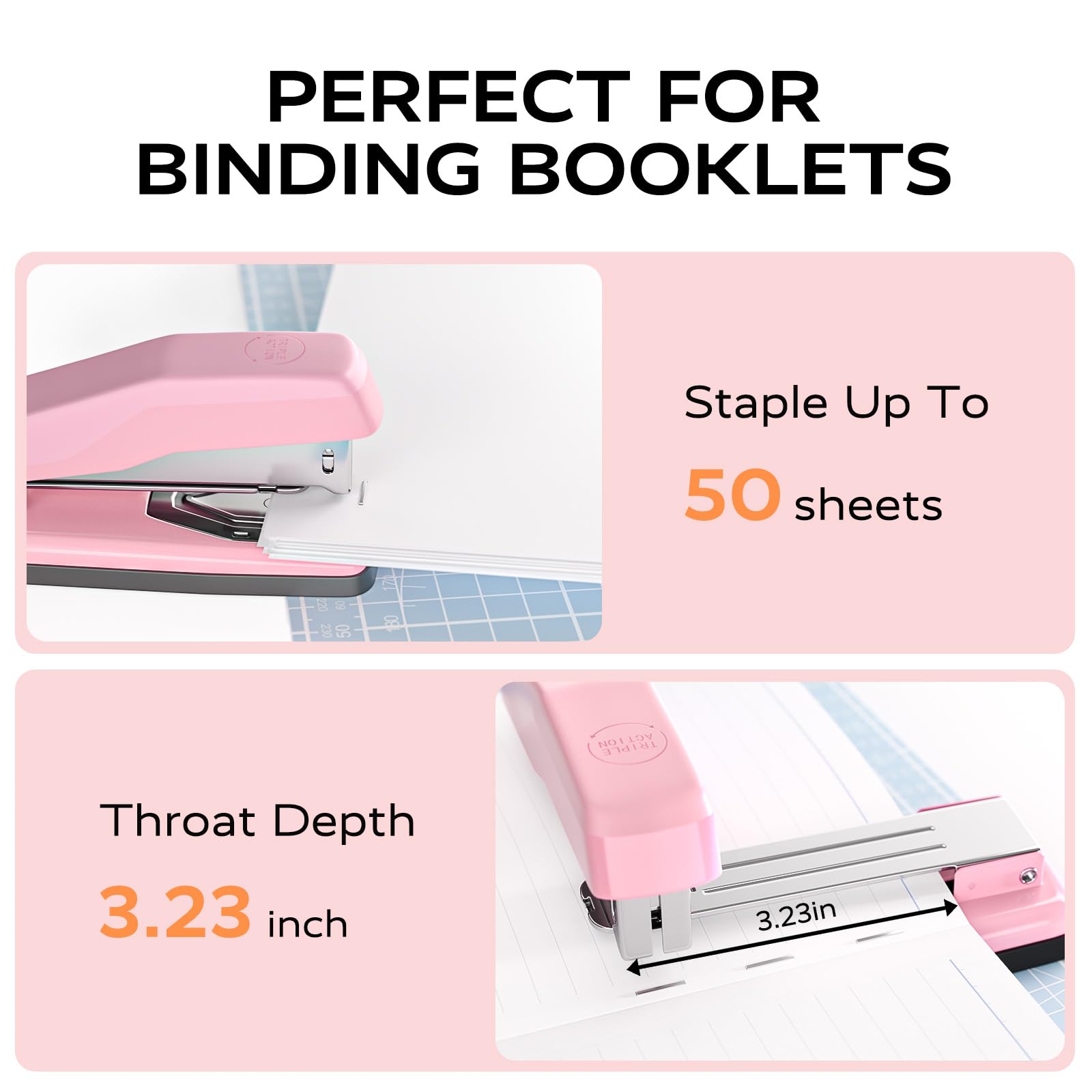 Marsrock Pink Desktop Heavy-Duty Staplers,50 Sheet Capacity,2000 Staples,Swing-Arm Swivel Remover Rotatable Stapler for Office,Home,Classroom