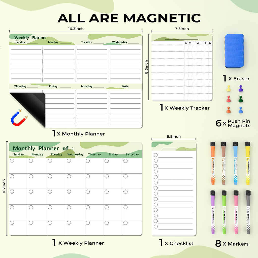 Marsrock 17" x 11"Green Magnetic Refrigerator Whiteboard Calendar,Dry Erase Weekly or Monthly Planner Board&8 Markers,6 Magnets,1 Eraser