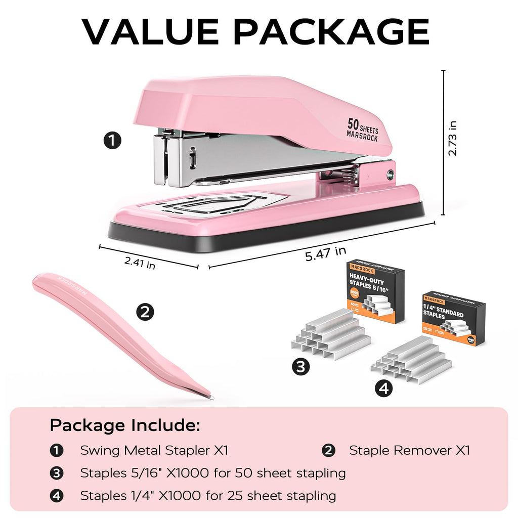 Marsrock Pink Desktop Heavy-Duty Staplers,50 Sheet Capacity,2000 Staples,Swing-Arm Swivel Remover Rotatable Stapler for Office,Home,Classroom