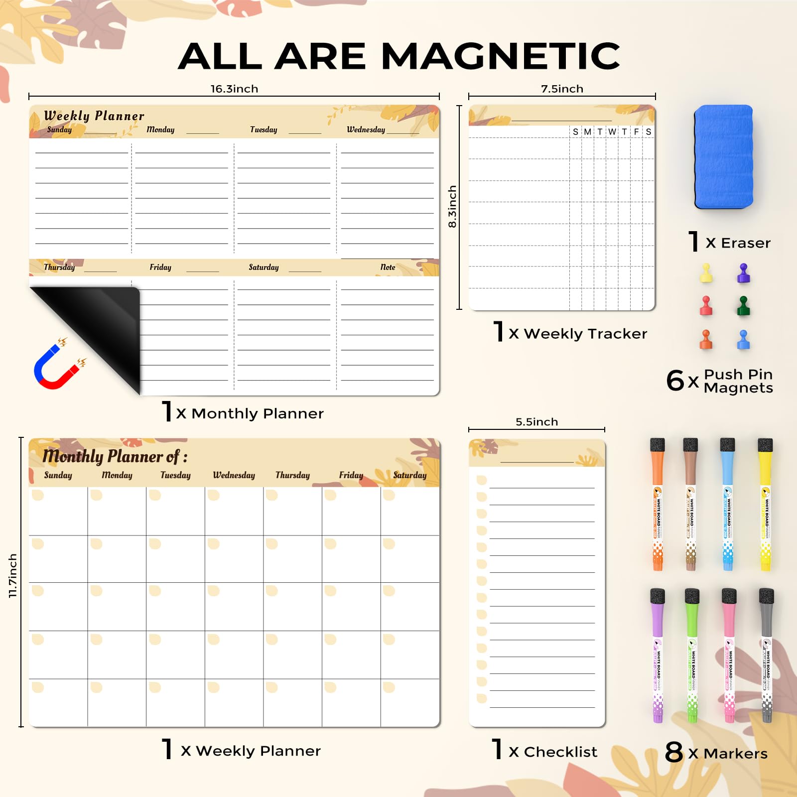 Marsrock 17" x 11"Yellow Magnetic Refrigerator Whiteboard Calendar,Dry Erase Weekly or Monthly Planner Board&8 Markers,6 Magnets,1 Eraser