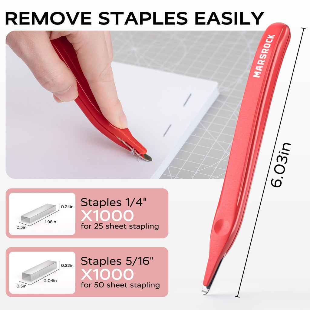Effortless Heavy Duty Desktop Stapler, 40 Sheet Capacity, 1-Finger Press Stapling, Ergonomic & Easy to Load, Includes 2000 Staples and Magnetic Staple Remover, Red