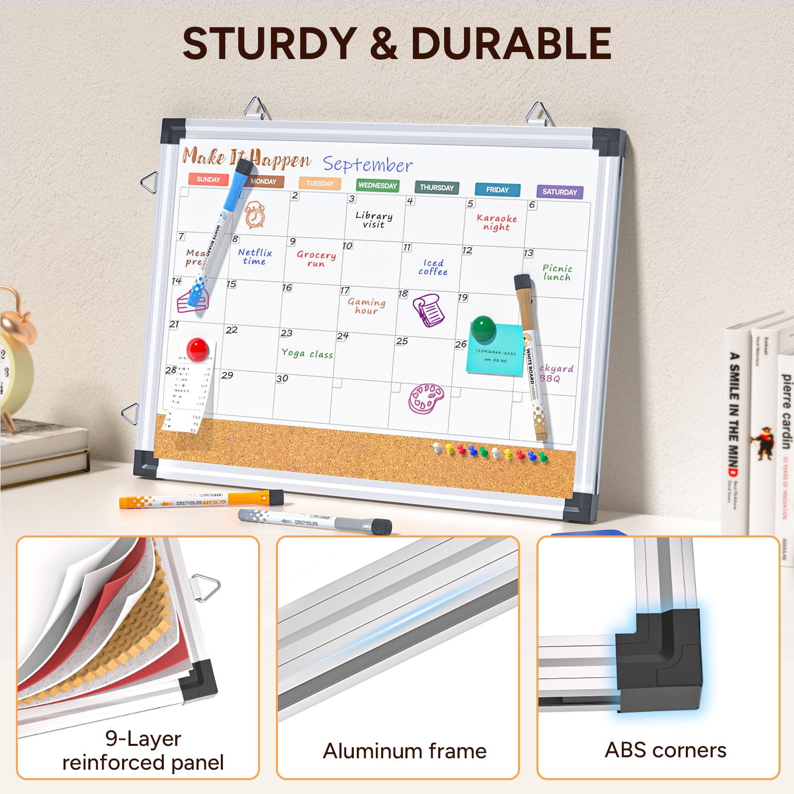 Marsrock Multicolor Double Sided Monthly Calendar Whiteboard,Comb Cork Board for Wall,17"x13" Hanging Magnetic Dry Erase Board for Planing