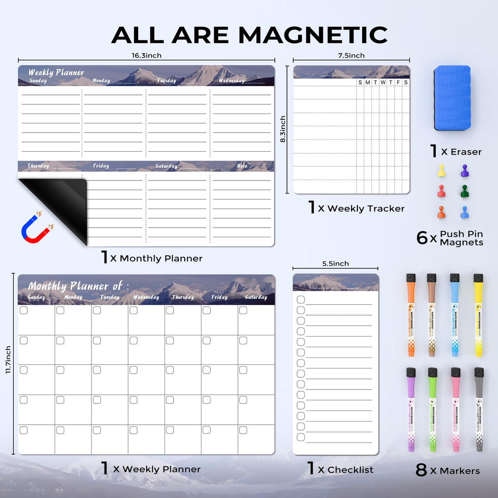 Marsrock 17" x 11"Grey Magnetic Refrigerator Whiteboard Calendar,Dry Erase Weekly or Monthly Planner Board&8 Markers,6 Magnets,1 Eraser