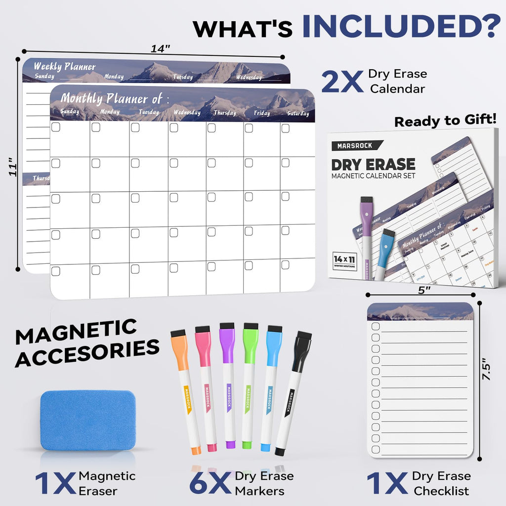 Marsrock New (3-Pack）14" x 11"Grey Magnetic Refrigerator Whiteboard Calendar,Fridge Dry Erase Weekly And Monthly Planner Board