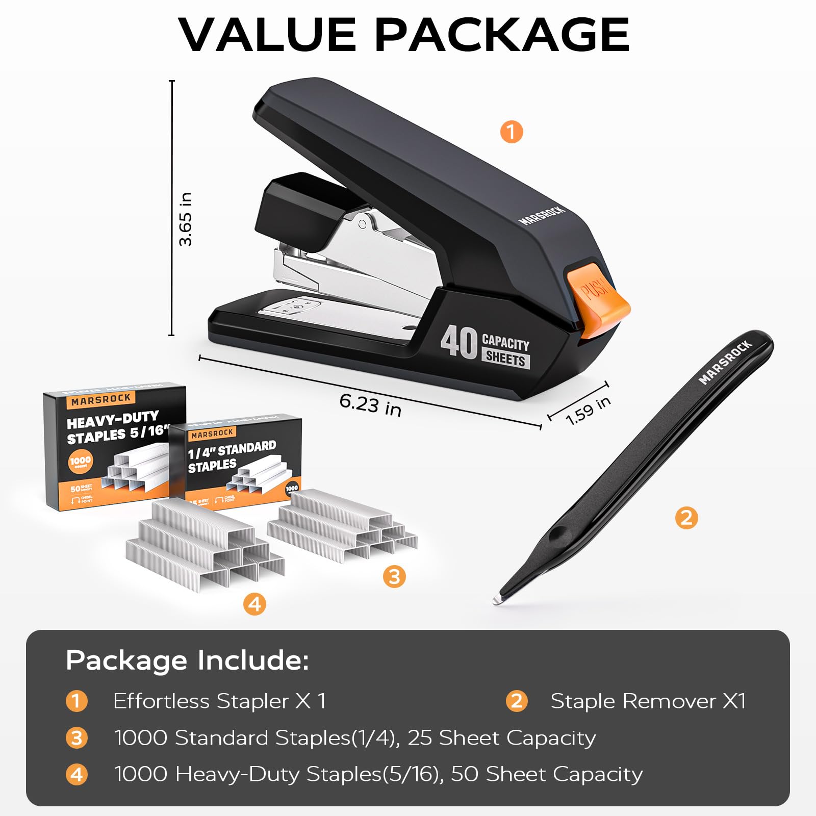 Effortless Stapler for Desk with 40-50 Sheet Capacity, 2000 Staples, 1-Touch Stapling, Ergonomic & Easy to Load Desktop Staplers, Heavy Duty Stapler, and Magnetic Staple Remover, Black