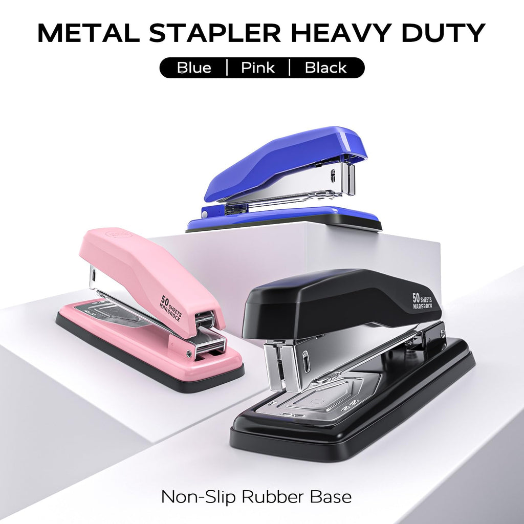 Effortless Stapler for Desk with 40-50 Sheet Capacity, 2000 Staples, 1-Touch Stapling, Ergonomic & Easy to Load Desktop Staplers, Heavy Duty Stapler, and Magnetic Staple Remover, Black
