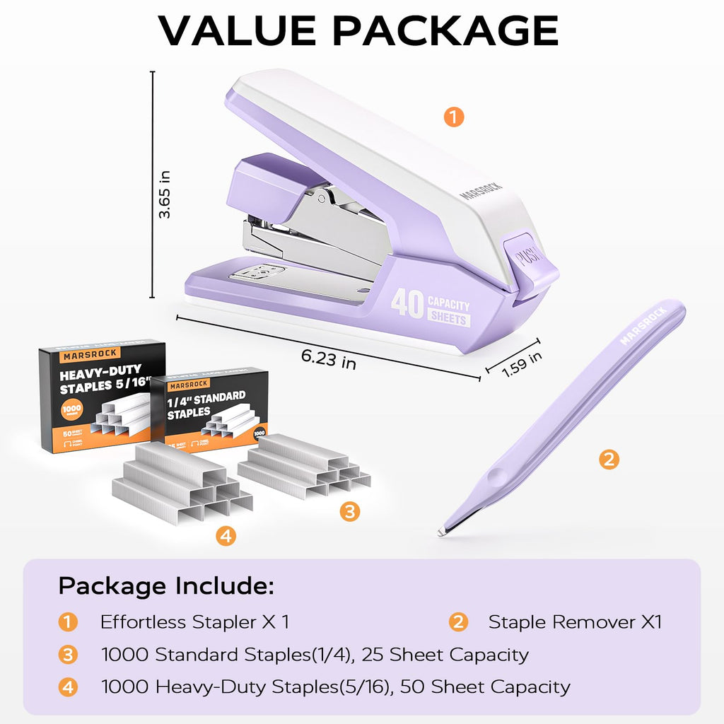 Marsrock Effortless Stapler for Desk,40-50 Sheet Capacity, 2000 Staples, 1-Touch Stapling,Heavy Duty and Magnetic Staple Remover, Purpler