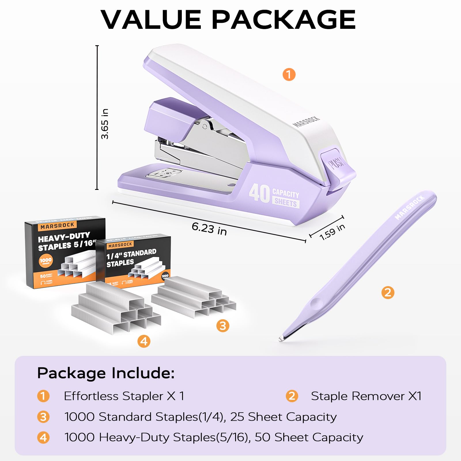 Marsrock Effortless Stapler for Desk,40-50 Sheet Capacity, 2000 Staples, 1-Touch Stapling,Heavy Duty and Magnetic Staple Remover, Purpler